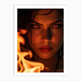 Close Up Portrait Woman With Piercing Gaze Scarlet Eyes Resembling Flames Fixated On Camera Lens Art Print