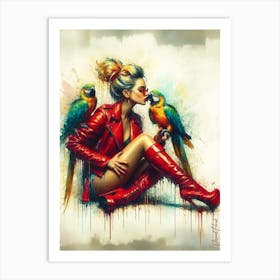 Woman With Macaw Parrot Art Print