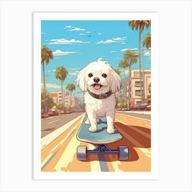 Maltese Dog Skateboarding Illustration 2 Art Print