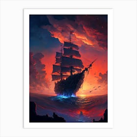 Pirate Ship At Red Sky Sunset Art Print