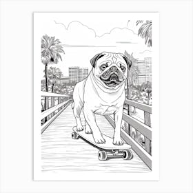 Pug Dog Skateboarding Line Art 1 Art Print