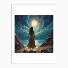 Woman Looking At The Moon Art Print