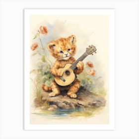 Playing Music Watercolour Lion Art Painting 1 Art Print