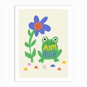 Playful Meadow Aim High Frog and Flower Illustration Kids Art Print