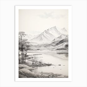 Kamikochi In Nagano In Nagano, Ukiyo E Black And White Line Art Drawing 2 Art Print