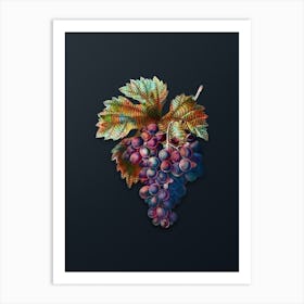 Vintage Grape Vine Botanical Watercolor Illustration on Dark Teal Blue n.0422 Art Print
