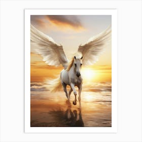 White Horse With Wings At Sunset Art Print