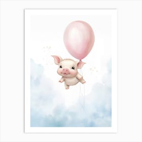 Baby Tea Cup Pig Flying With Ballons, Watercolour Nursery Art 3 Art Print