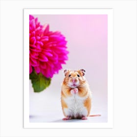 Hamster With Oversized Cheeks Clutching A Vivid Pink Dahlia Bright Color Palette Soft Focus Again Art Print