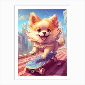 Pomeranian Dog Skateboarding Illustration 2 Art Print