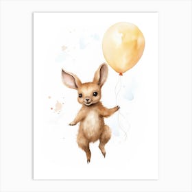 Baby Kangaroo Flying With Ballons, Watercolour Nursery Art 2 Art Print
