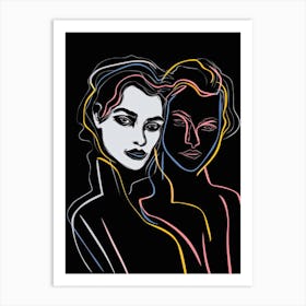 Women In Black And White Line Art Neon 1 Art Print