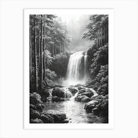 Waterfall In The Woods, Romantic Monochrome Charcoal style Poster