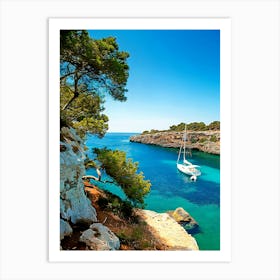 Sailboat At Cala Pi Bay, Cala Pi, Mallorca, Balearic Islands, Spain Art Print