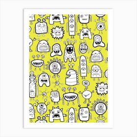 Happy Funky Monsters and Aliens Black and White on Yellow Kids Art Print