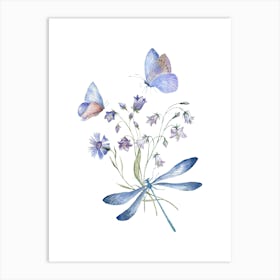 Watercolor Dragonfly And Flowers Art Print