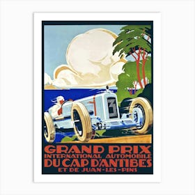 Antique 1929 racing poster by Alexis Kow Grand Prix in Cap D'Antibes which is a Mediterranean resort in the Alpes-Maritimes department of southeastern France, on the Côte d'Azur between Cannes and Nice. Art Print