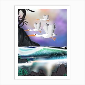 White Storks Flying Over The Ocean Art Print