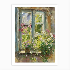 Geranium Flowers On A Cottage Window 1 Art Print