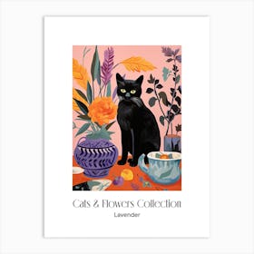 Cats & Flowers Collection Lavender Flower Vase And A Cat, A Painting In The Style Of Matisse 0 Art Print