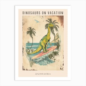 Vintage Apatosaurus Dinosaur On A Surf Board 2 Poster Art Print