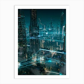 A Futuristic Cityscape Interconnected By Glowing Cyber Security Mesh Networks Represented By Pulsat Art Print