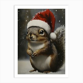 Squirrel In Santa Hat Art Print