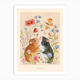 Folksy Floral Animal Drawing Guinea Pig Poster Art Print