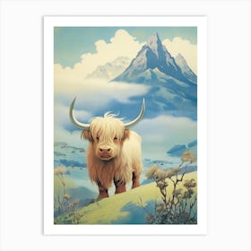 Blonde Animated Highland Cow With Mountain In The Background Art Print