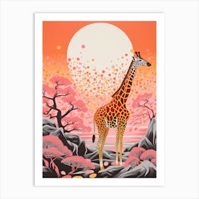 Giraffe In The Nature With Trees Pink 1 Art Print
