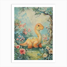 Cute Dinosaur In A Meadow Storybook Painting 4 Art Print