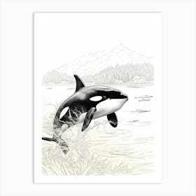 Minimalist Black Line Drawing Of Orca Whale Plants & Mountains Art Print