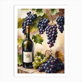 Vines,Black Grapes And Wine Bottles Painting (29) Art Print
