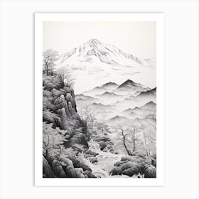 Mount Gassan In Yamagata, Ukiyo E Black And White Line Art Drawing 1 Art Print