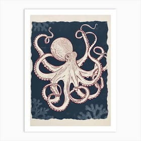 Navy Blue & Red Linocut Inspired Octopus 3 Art Print