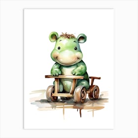 Baby Hippopotamus On Toy Car, Watercolour Nursery 2 Art Print