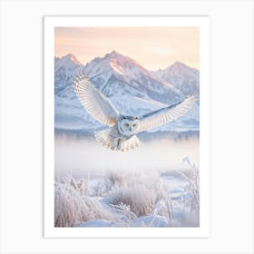 Snow Owl Yellow Eyes In Flight Above Morning Frost Kissed Snow Backdrop Of White Snowy Mountains Art Print