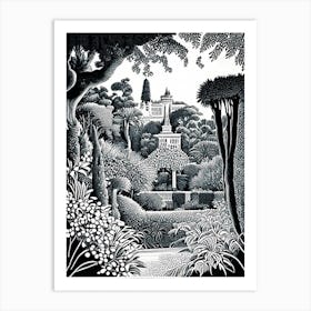 Generalife Gardens, Spain Linocut Black And White Vintage Art Print