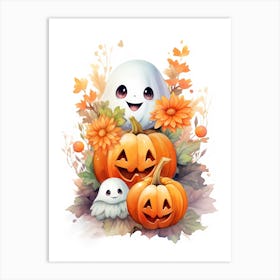 Cute Ghost With Pumpkins Halloween Watercolour 106 Art Print