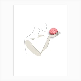 Minimal Line Art Girl With Pink Rose Art Print