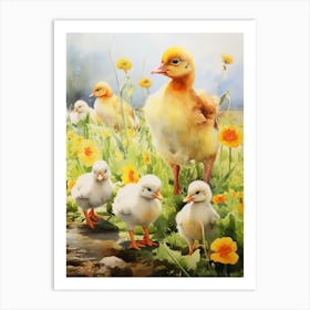 Ducklings With The Flowers Watercolour Art Print