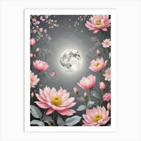 Painted Spring and Summer Flowers Boho Pattern - Soft Pale Grey Background With Pink Bohemian Blooms and Full Moon Wallpaper Art Like Amy Butler and William Morris Fabric Print For Lunar Pagan Gallery Feature Wall Floral Botanical Luna Lover HD Art Print