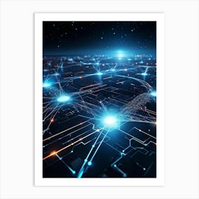 Cybernetic Abstract Concept Art Featuring A Network Of Luminous Dots And Waves Polygons And Streams Art Print