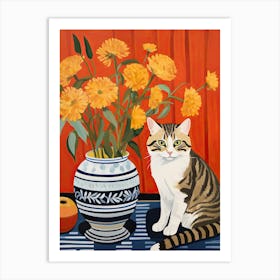 Marigold Flower Vase And A Cat, A Painting In The Style Of Matisse 5 Art Print