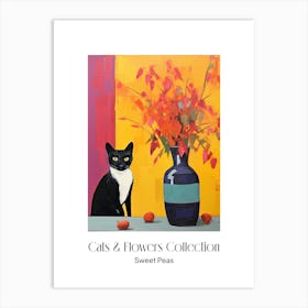 Cats & Flowers Collection Sweet Pea Flower Vase And A Cat, A Painting In The Style Of Matisse 0 Art Print