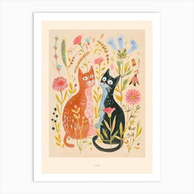 Folksy Floral Animal Drawing Cat 8 Poster Art Print