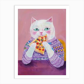 White Cat Eating Pizza Folk Illustration 1 Art Print