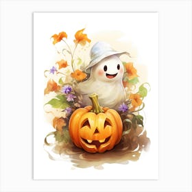 Cute Ghost With Pumpkins Halloween Watercolour 36 Art Print
