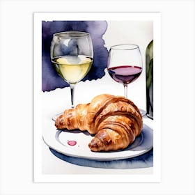 Croissant and Wine watercolor painting 18 Art Print