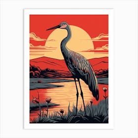 Vintage Bird Linocut Crane 1 Art Print